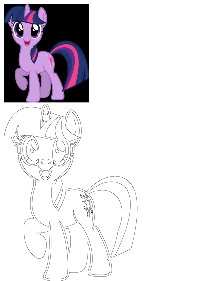 Twilight Sparkle, the purple alicorn from My Little Pony, in a vibrant vector illustration alongside a clean outline drawing.