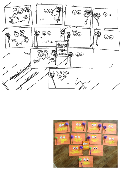 A collection of creative Lorax handprint crafts on orange paper, featuring yellow mustache prints, googly eyes, and vibrant Truffula Trees.