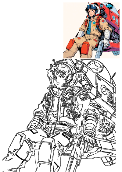 Anime mech pilot character design illustration featuring a determined red-eyed pilot in a tan flight suit and red mech. Includes outline art.
