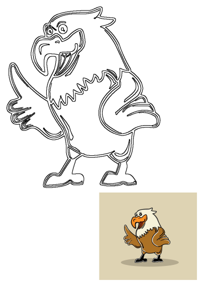 Outlined cartoon eagle giving a thumbs up, with a smaller colored version. This fun graphic represents positive feedback.