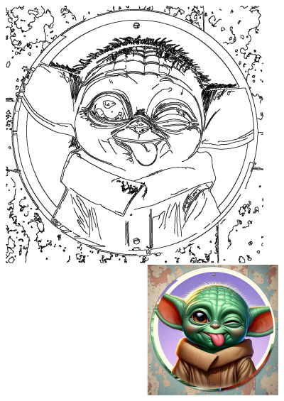 Adorable Grogu (Baby Yoda) from Star Wars winking with tongue out, playfully featured in a vibrant circular badge design.