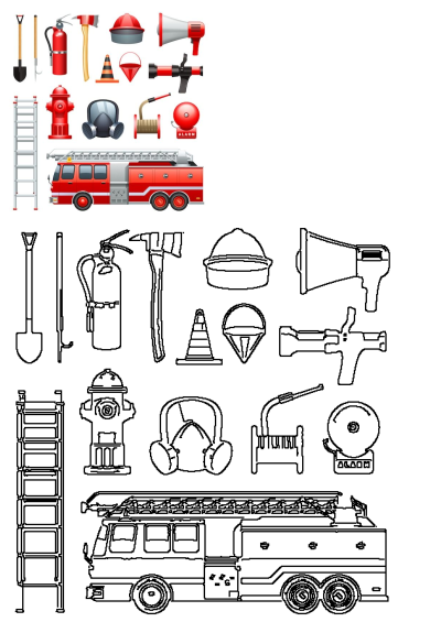 Detailed illustrations and outlines of fire rescue equipment including a fire truck, hydrant, ladder, axe, helmet, extinguisher, and megaphone on a white background.