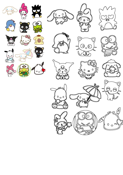 A collage of popular Sanrio cartoon characters like Hello Kitty, Cinnamoroll, My Melody, and Keroppi, featuring both colorful stickers and clean outlines for various projects.