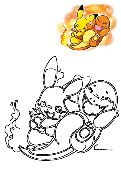 Pikachu and Charmander hug in a heartwarming display of Pokemon friendship, presented as a vibrant illustration and outline.