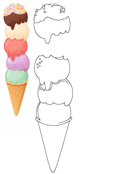 Vibrant ice cream cone with five colorful scoops, chocolate topping, and sprinkles, alongside outlines for artistic interpretation.