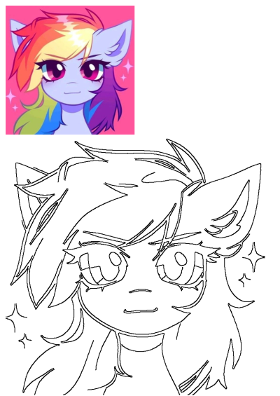 Rainbow Dash pony with long rainbow hair, big eyes, on a pink background, presented with its black and white outline drawing.