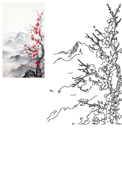 Vibrant cherry blossom tree painting with delicate red flowers against a serene, misty mountain watercolor background.