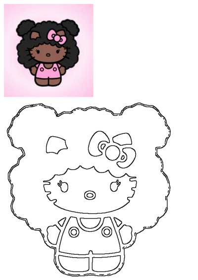 A cute Afro Hello Kitty cartoon character with dark skin and curly hair on a pink background, alongside its outline version for coloring.