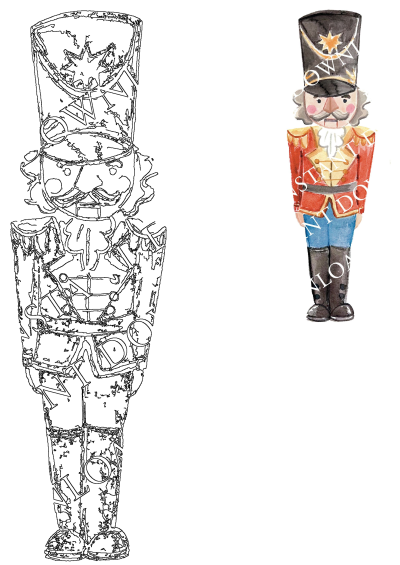 Watercolor nutcracker soldier with a red jacket and black hat, alongside a matching black and white line art outline drawing.