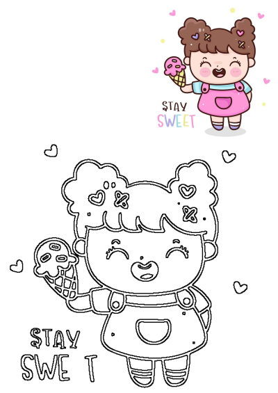 Cute cartoon girl with pigtails in pink overalls holds a pink ice cream cone. Includes 'Stay Sweet' text & black-and-white outline.