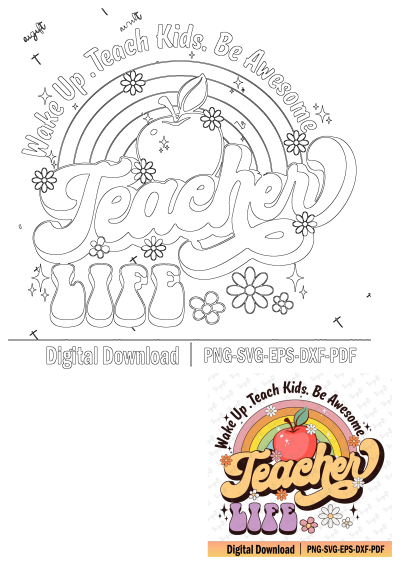 Teacher Life Apple Flowers Logo depicting a vibrant rainbow, red apple, and blossoms, with the inspiring quote 'Wake Up. Teach Kids. Be Awesome'.
