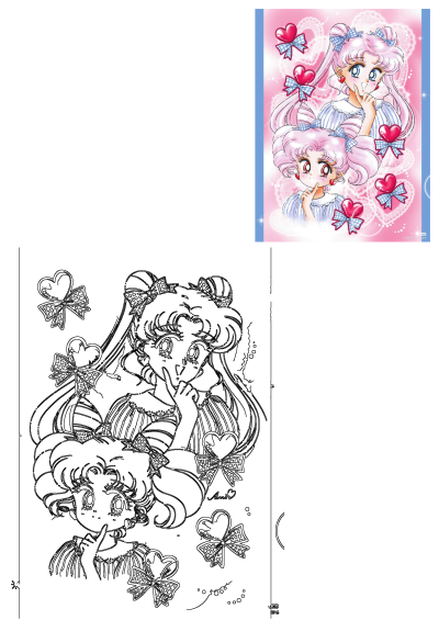 Vibrant Sailor Moon Chibiusa anime illustration featuring the pink-haired character in sweet poses, adorned with hearts and bows.
