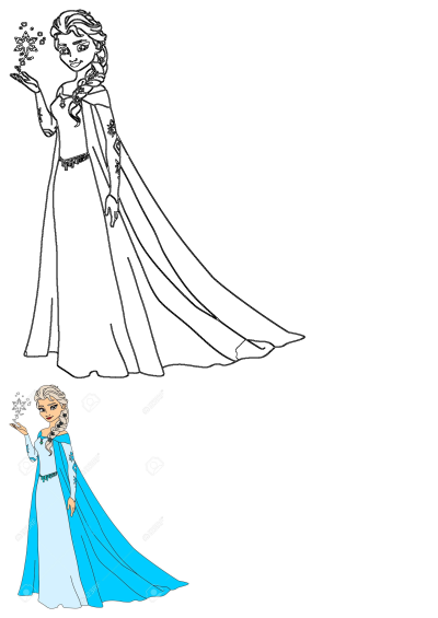 Frozen Princess Elsa in blue dress cartoon character, conjuring a snowflake. Features both a colored illustration and a line art outline.