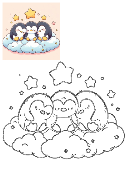 Adorable sleepy penguins snuggle peacefully on a fluffy cloud, surrounded by twinkling stars. A gentle illustration perfect for children.