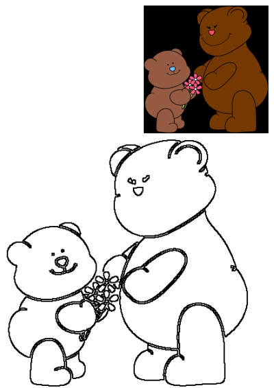 Two brown cartoon teddy bears, a smaller one giving pink flowers to a larger, smiling bear, a heartwarming gesture.
