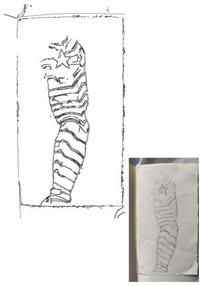 Detailed pencil sketch of Bucky Barnes' Winter Soldier arm, showcasing the iconic star and segmented design on textured paper.