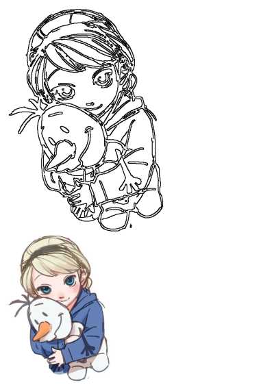 Cute cartoon drawing of Elsa from Disney's Frozen hugging a smiling Olaf. Perfect for fans of the animated movie.