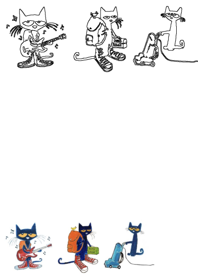 Pete the Cat shown in various activity poses: playing guitar, wearing a backpack with a lunchbox, and operating a vacuum cleaner.