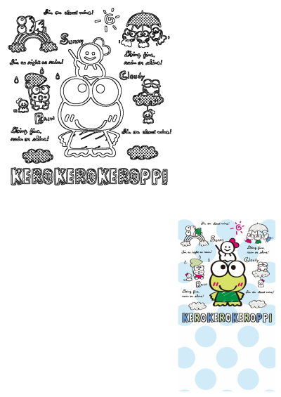 A fun illustration of Keroppi the cartoon frog showcasing sunny, rainy, and cloudy weather conditions with small friends and text.