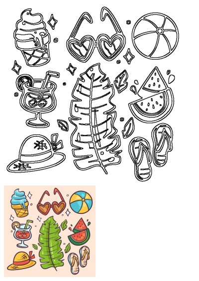 Summer Icons Beach Accessories Holiday Vacation set with ice cream, sunglasses, beach ball, cocktail, leaves, watermelon, hat, and flip-flops.