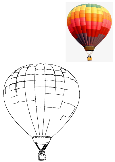 A vibrant, striped hot air balloon against a white background, paired with a detailed black outline drawing of a hot air balloon.