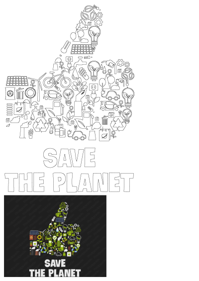 An eco-friendly 'Save the Planet' poster featuring a thumbs-up formed by various green environmental and sustainability symbols.
