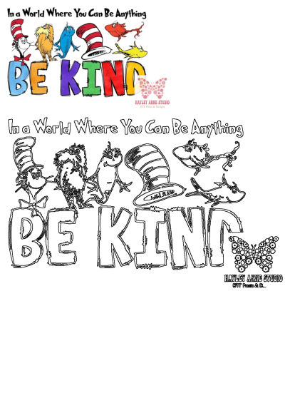 Dr. Seuss characters Cat in the Hat & Lorax with 'Be Kind' quote. Features colored and outline design versions.