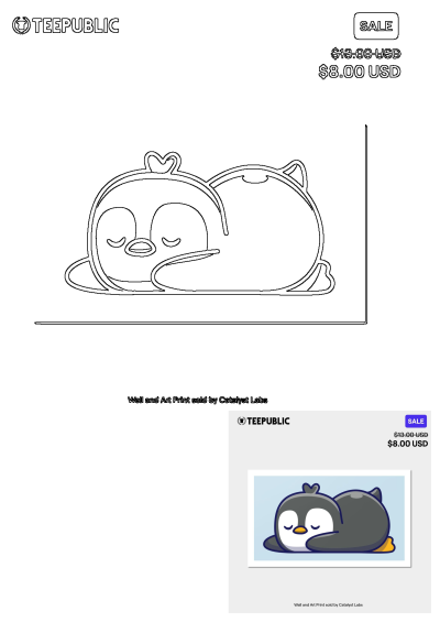 A cute penguin is sleeping soundly in this charming sticker illustration, also depicted as a colorful wall art print. Perfect for animal lovers.