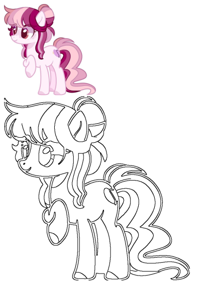 A charming pink pony with closed eyes and a purple windswept mane/tail, featuring a musical note cutie mark and an outline version for coloring.