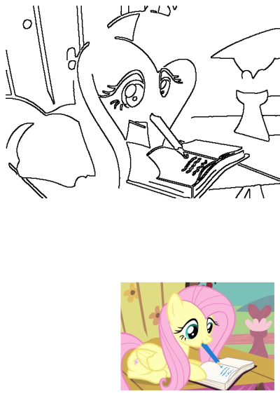 My Little Pony character Fluttershy, the kind yellow pegasus with a pink mane, is depicted writing thoughtfully in a book with a blue pencil.