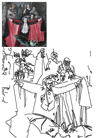 Fan art featuring classic horror movie characters like Dracula, Nosferatu, and female vampires in a spooky gothic gathering with a bat.