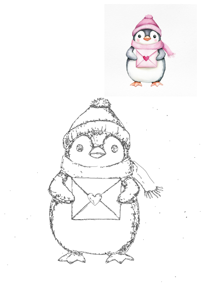 Cute watercolor penguin wearing a pink hat and scarf, holding a heart envelope, with its matching outline drawing.