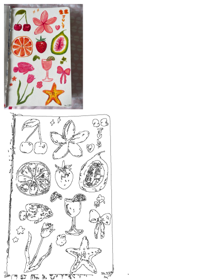 Vibrant July 22 watercolor drawing featuring summer fruits (cherries, orange, strawberry, fig), pink flowers, a cocktail, and starfish.