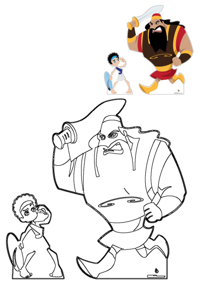 David and Goliath cardboard cutout design for Sunday school kids, featuring both colored and black-and-white outline versions.
