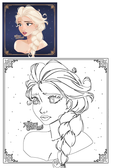 Elsa character art with blonde braided hair, blue eyes, and a thoughtful expression, depicting a white dress. Includes its line art version.