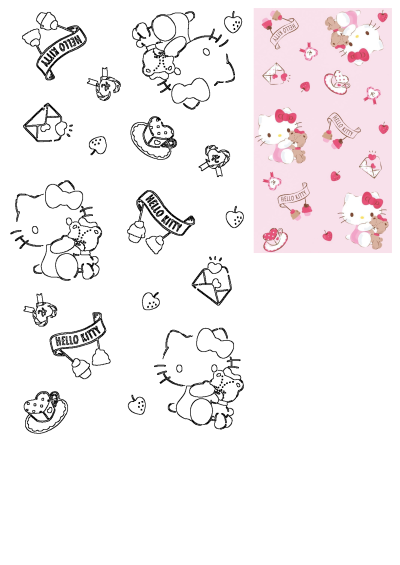 Hello Kitty pink pattern featuring Hello Kitty hugging teddy bears, cupcakes, strawberries, and outlines of these elements.