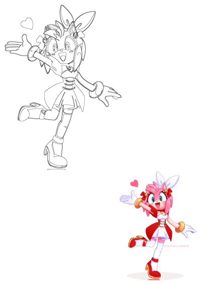 Amy Rose cartoon character illustration, featuring both line art and a vibrant colored version with pink hair, red dress, and red shoes.