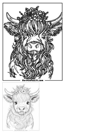 A charming black and white line art drawing of a shaggy Highland cow wearing a beautiful flower crown on its head.