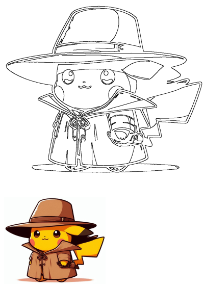 Detective Pikachu cartoon character, iconic in a hat and trench coat. Image includes both a detailed line art and a vibrant colored version.