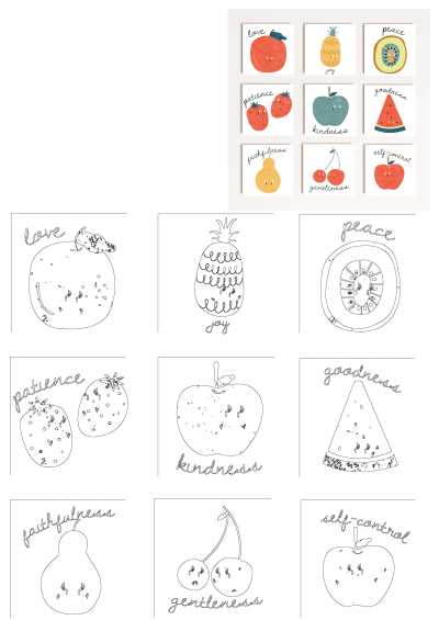 Nine colorful Fruit Vegetable Virtues Cards, each with a fruit representing love, joy, peace, kindness, etc. Includes matching outline versions.