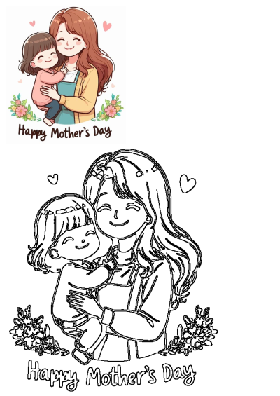 A heartwarming Mother's Day cartoon shows a happy mom hugging her child, featured in both vibrant color and black-and-white line art.