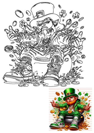 Line art of a stylish leprechaun in a green hat, sitting on a pot of gold coins with shamrocks and falling coins.
