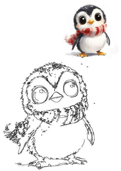 Adorable winter penguin illustration wearing a red striped scarf, shown with its accompanying black outline drawing.