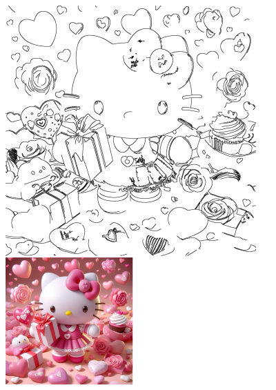 Adorable Hello Kitty surrounded by a sweet array of pink hearts, delicious cupcakes, beautiful roses, and lovely gifts.