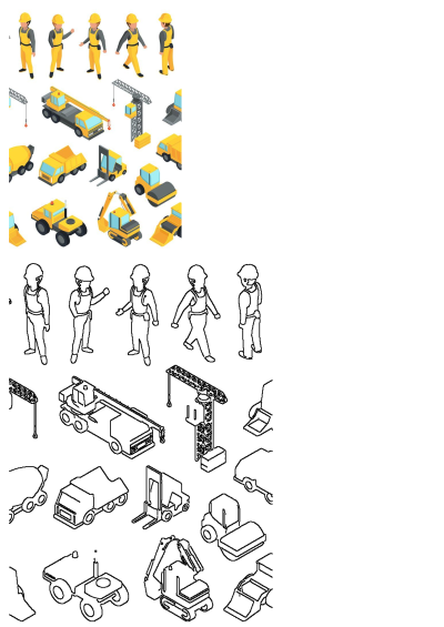Isometric illustrations of construction workers in yellow gear and heavy equipment like cranes, excavators, and mixers, both in color and outline.