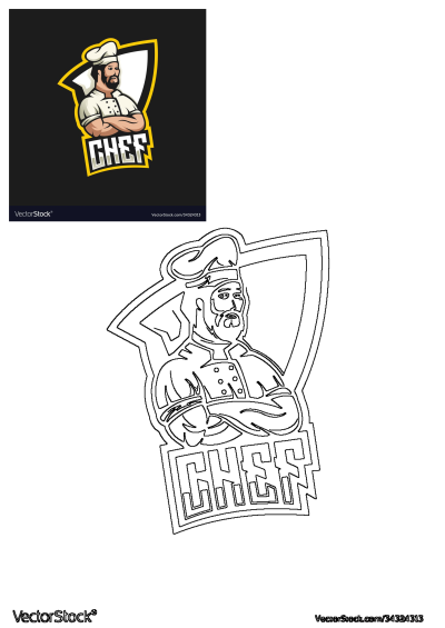 Chef Logo Bearded Man Cooking Uniform Design, presented in full color and as a clean black outline drawing.