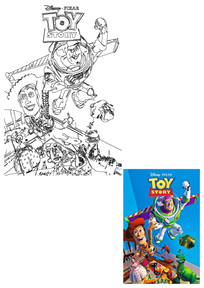 Toy Story movie poster with Buzz Lightyear flying and Woody. Features Rex, Jessie, Mr. Potato Head, and more beloved characters.