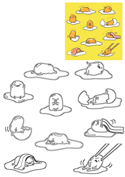 Collection of Gudetama, the lazy egg cartoon character, showing various sleepy and indifferent expressions on a yellow background. Includes outline versions.