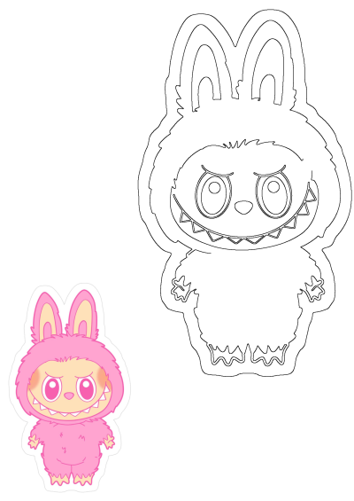 Pink fuzzy monster bunny, a cute and scary character resembling a costume. Features a small colored sticker and a large outline.