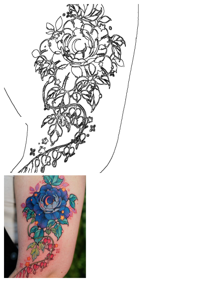 Vibrant blue rose tattoo with crescent moon, stars, and pink bleeding heart flowers. Includes outline and colored design on skin.